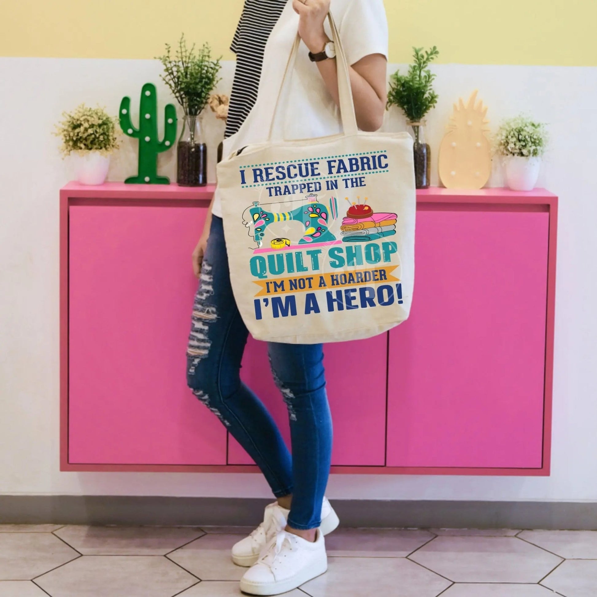 I Rescue Fabric Trapped in The Quilt Shop. I'm Not A Hoarder, I'm a Hero! Funny sewing and quilting tote bag- Jammin Threads