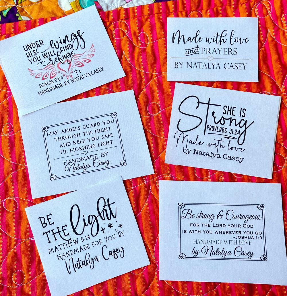 Personalized Christian Quilt Labels – Inspirational Bible Verse Quilt Label Assortment – Custom Fabric Quilt Labels Set of 6 - Jammin Threads