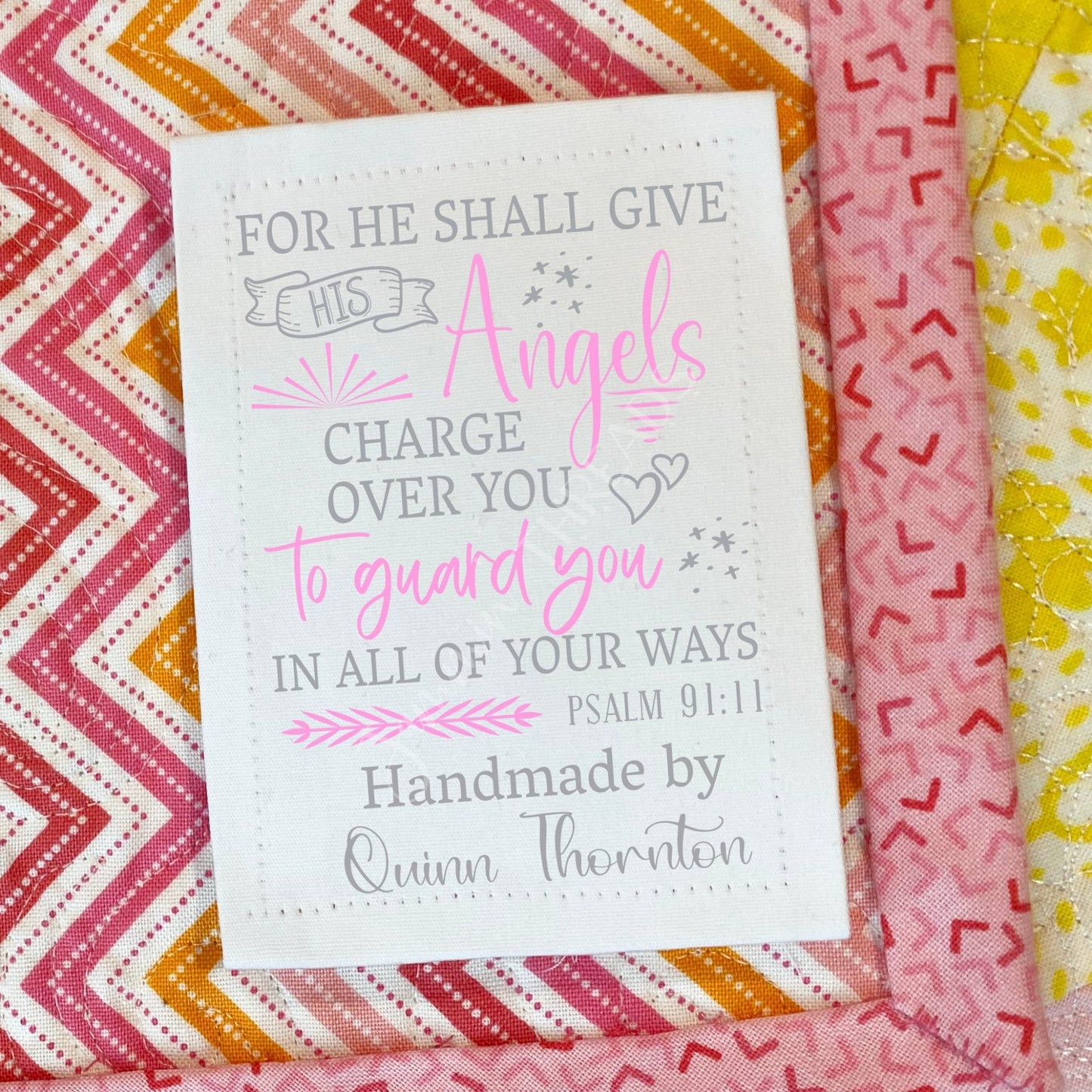 Inspirational Quilt Labels - Psalm 91:11 - Personalized Baby and Kid Quilt Labels - Jammin Threads