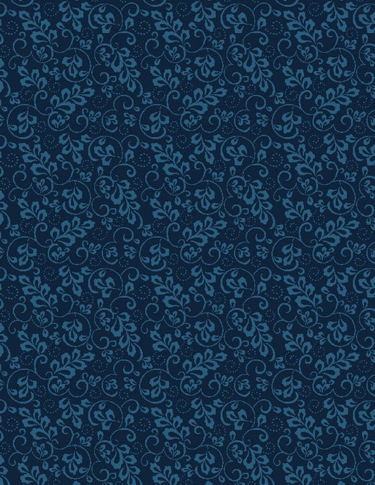 Leaf and Scroll Quilt Fabric in Navy by Wilmington Prints - Jammin Threads