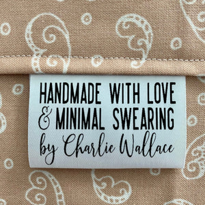 Personalized satin quilt label made with love and minimal swearing funny sewing label by Jammin Threads