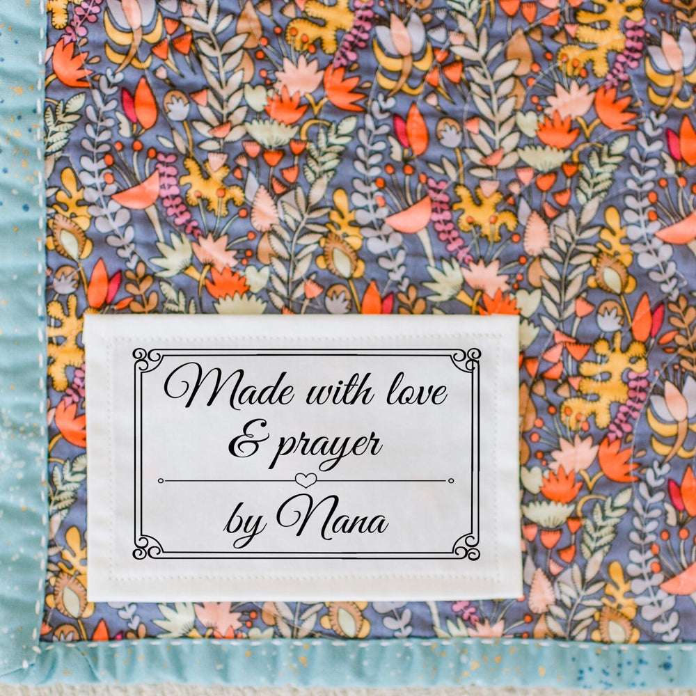 Made with Love & Prayer Quilt Labels – Personalized Name, Ornate Frame Design, 6 Per Sheet, Cotton or Polyester Fabric Tags - Jammin Threads
