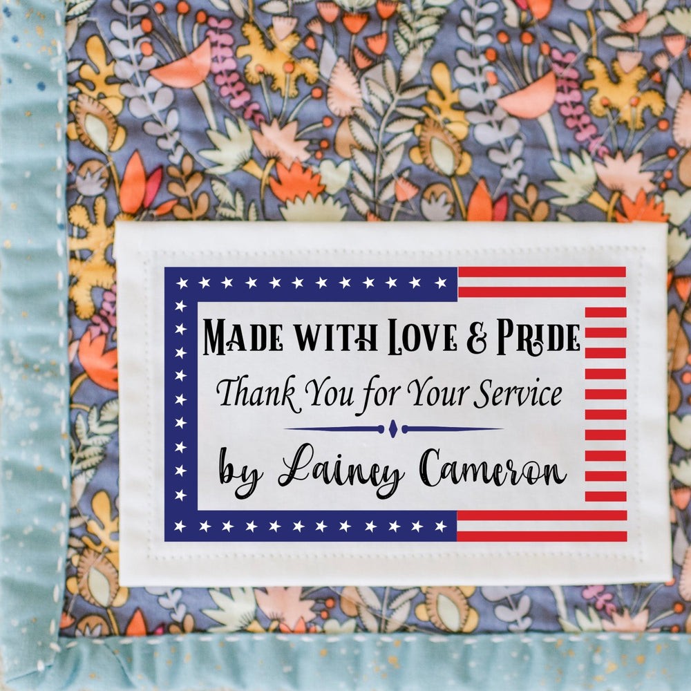 Patriotic Quilt Label Personalized – “Made with Love & Pride” Military Quilt Tag – Thank You for Your Service – 6 Per Sheet - Jammin Threads