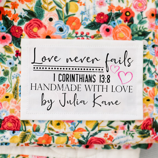 Love Never Fails - Corinthians 13:18 Quilt Labels - Inspirational, Personalized Quilt Labels - Jammin Threads