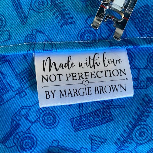 Love Not Perfection . Personalized satin sewing and quilting tags- Jammin Threads