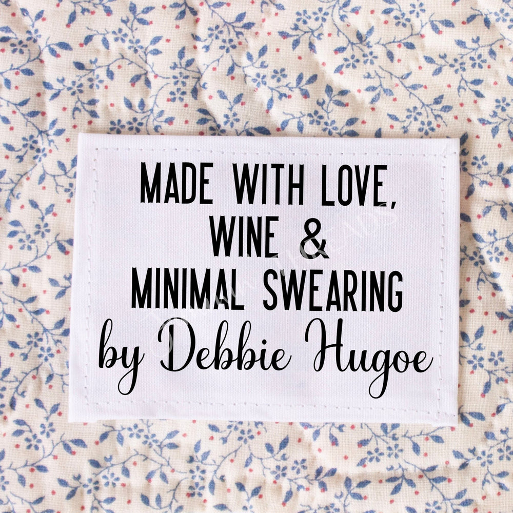 Made with Love Wine and Minimal Swearing Quilt Label – Funny Personalized Quilt Label – Custom Quilt Tag – Cotton or Polyester - Jammin Threads