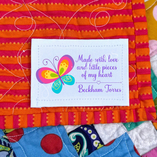 Made with Love and Little Pieces of My Heart. Personalized, Butterfly Quilt Labels - Jammin Threads