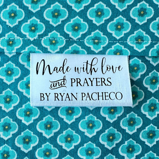 Made with Love and Prayer. Inspirational satin labels for sewing and quilting - Jammin Threads
