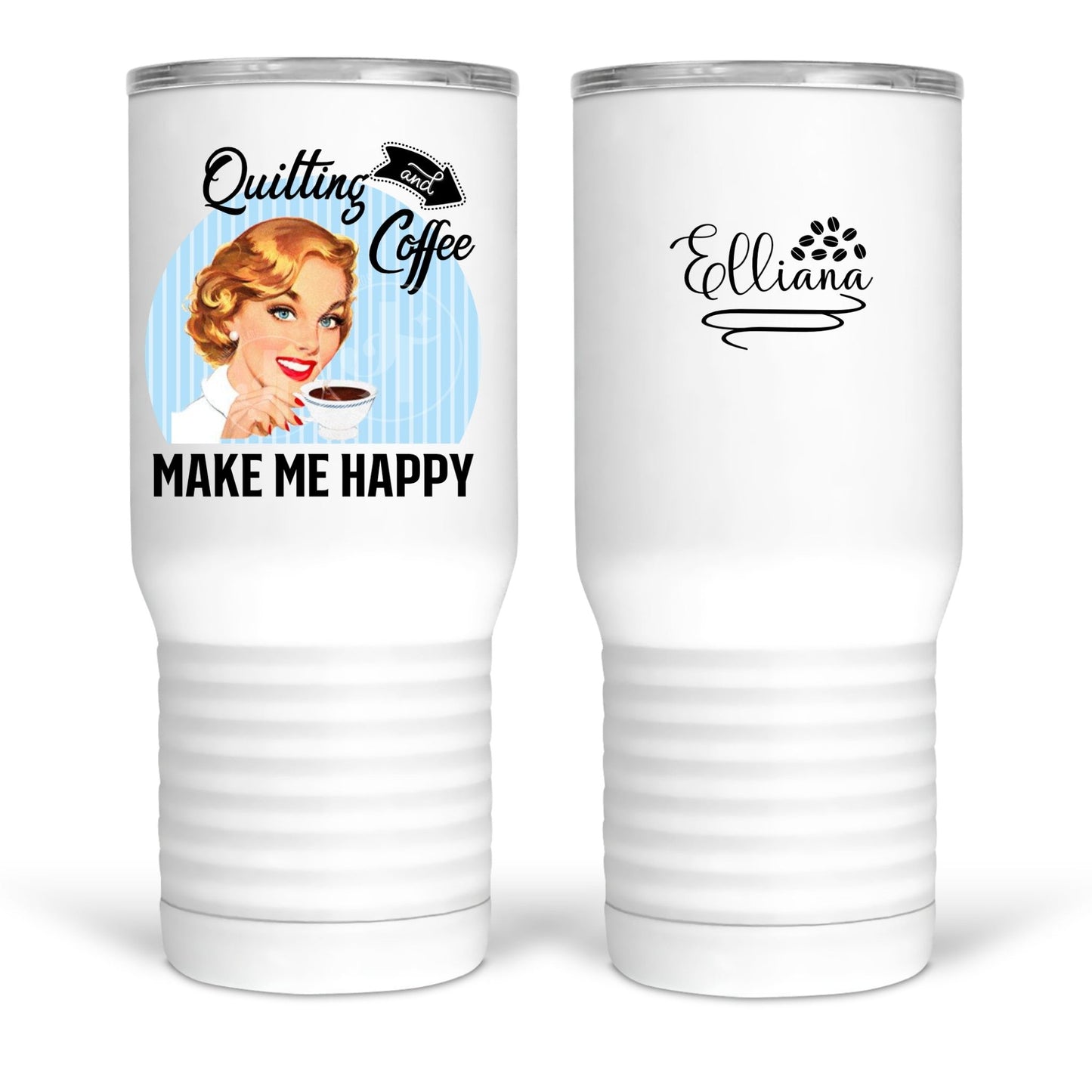 Coffee and Quilting Make me Happy. Funny personalized quilting mugs and tumblers - Jammin Threads