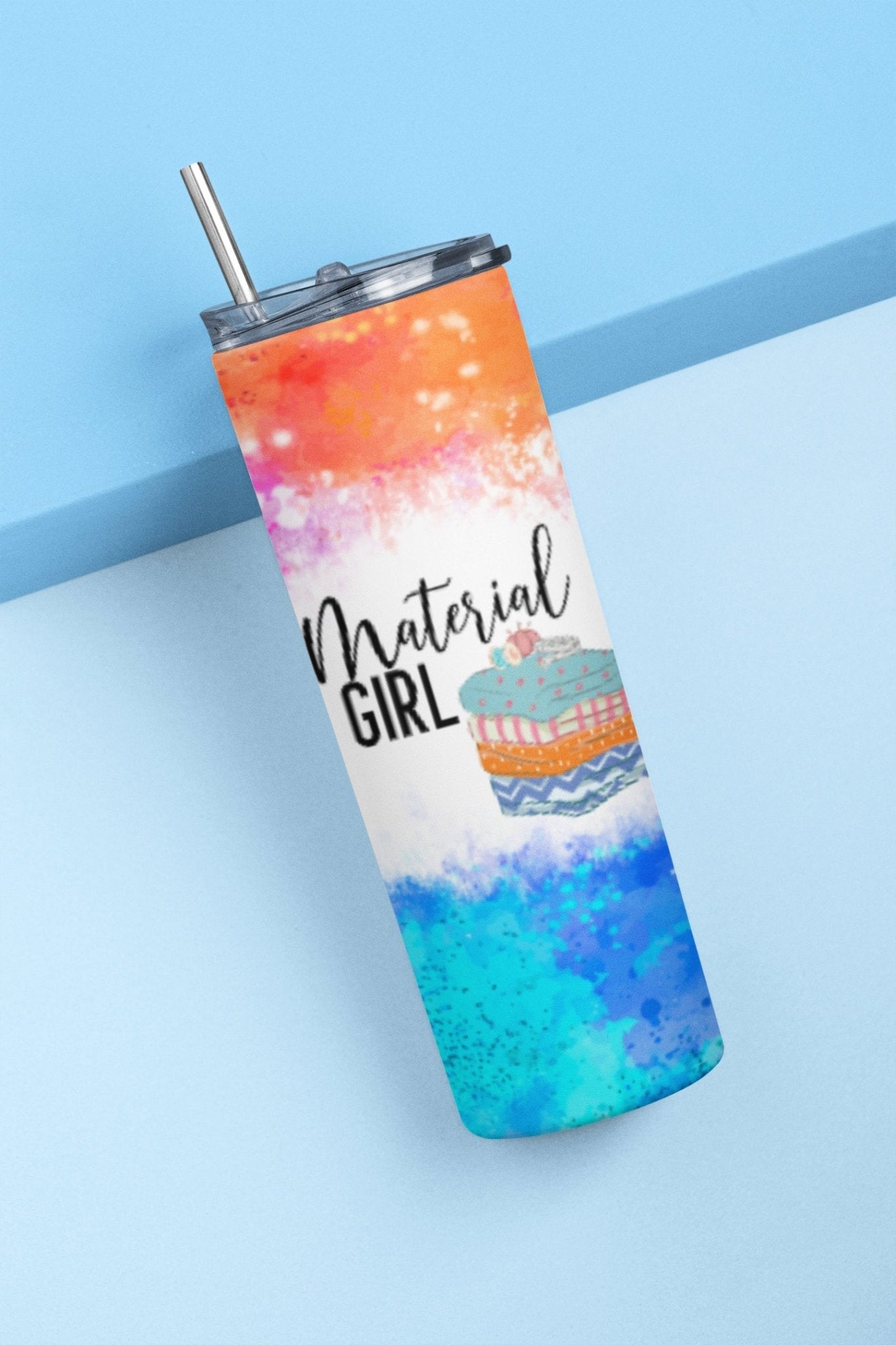 Material Girl - Funny Skinny tumbler for the sewists and quilters - 20 oz double wall insulated for hot or cold - Jammin Threads