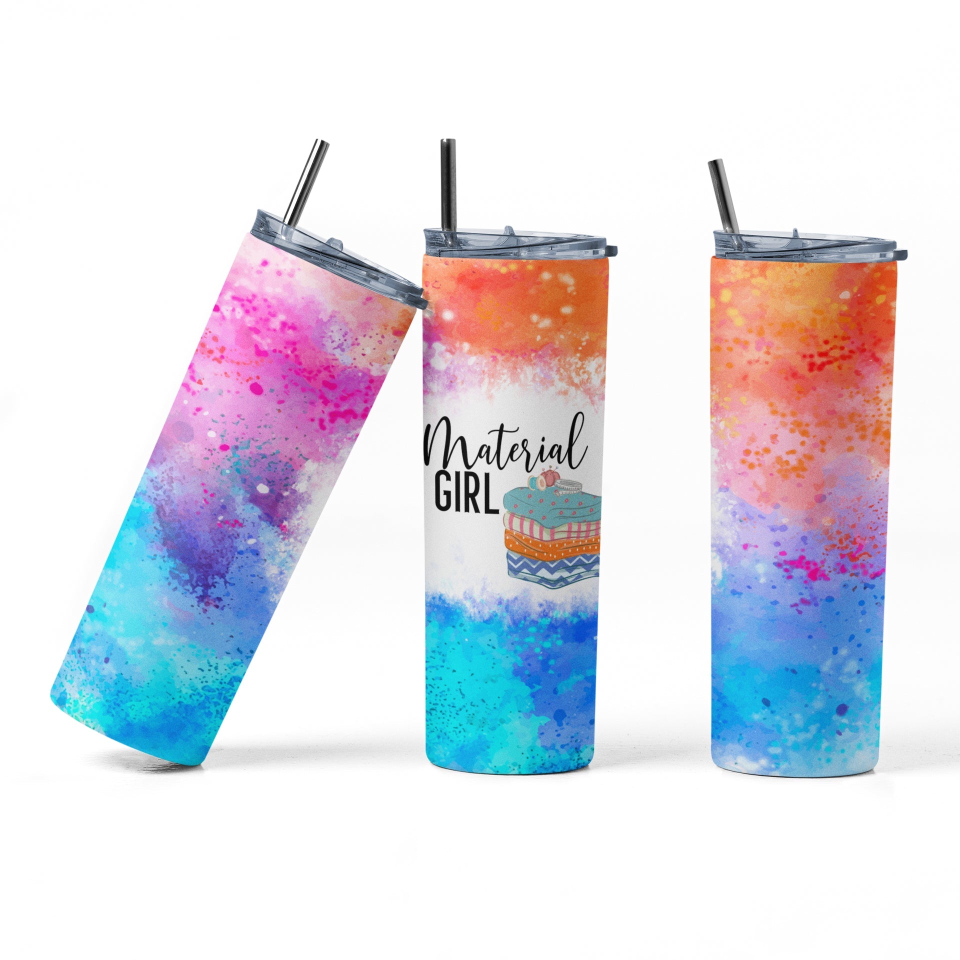 Material Girl - Funny Skinny tumbler for the sewists and quilters - 20 oz double wall insulated for hot or cold - Jammin Threads