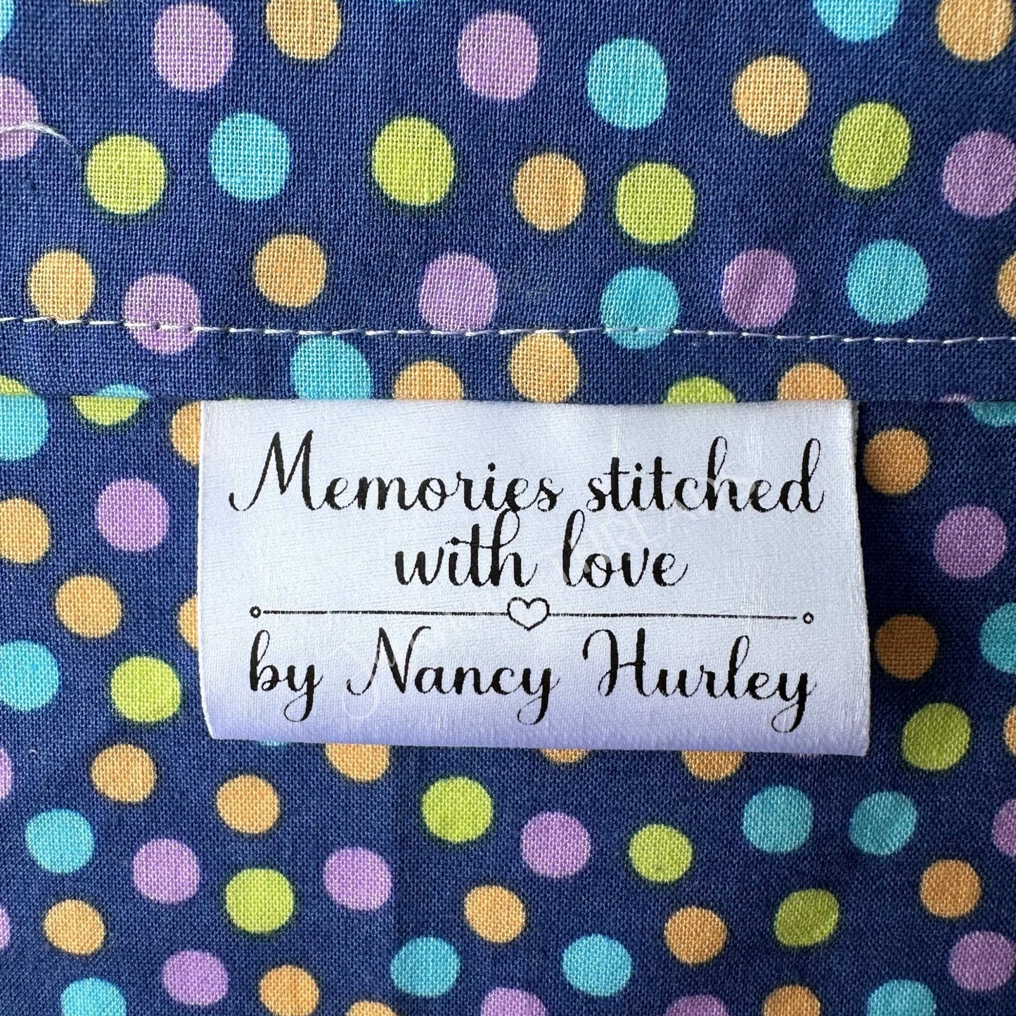 Memories Stitched with Love. Personalized satin quilt labels and tags - Jammin Threads