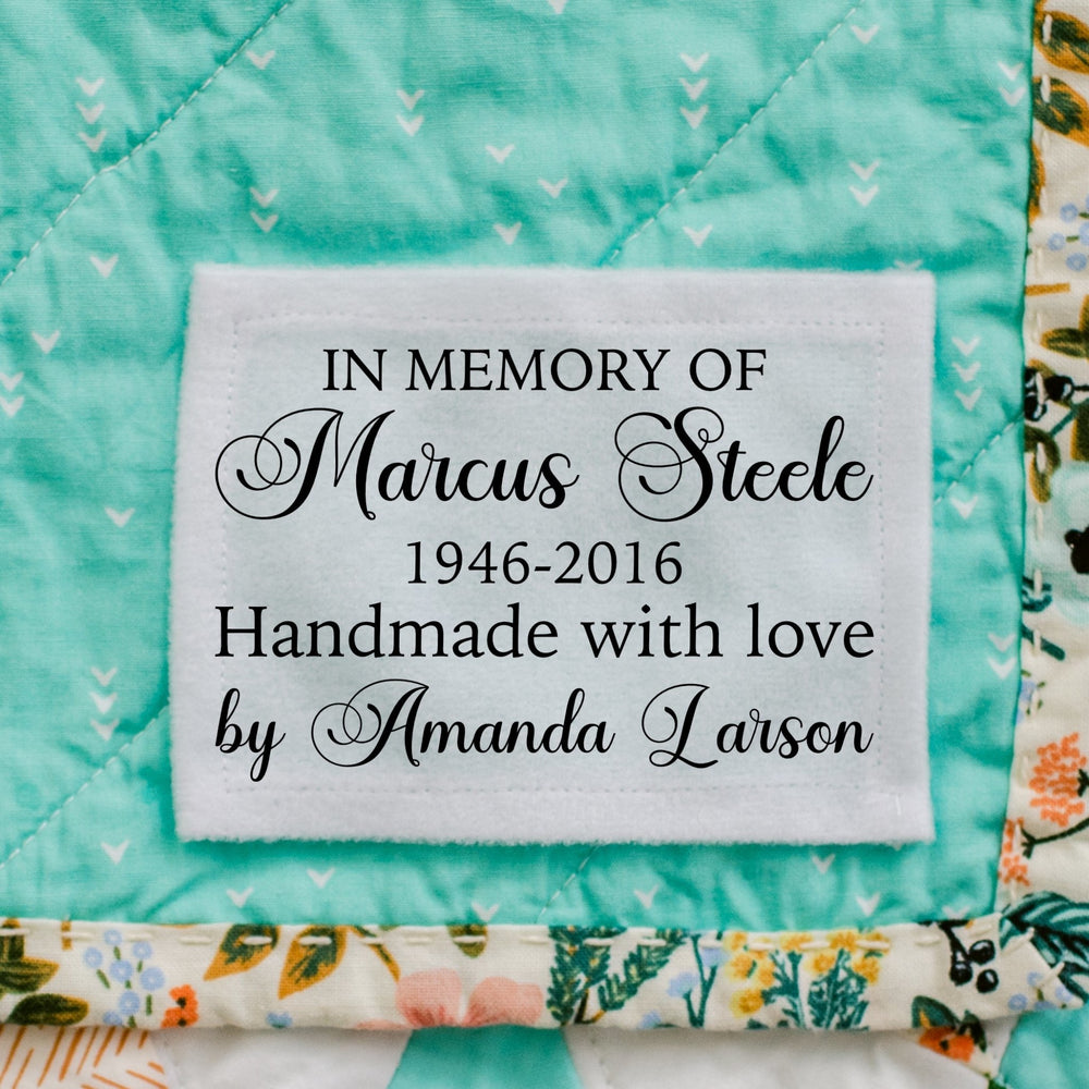 Personalized Memorial Quilt Label – “In Memory Of” Custom Quilt Label with Name and Dates – Handmade By Maker Name – Cotton or Polyester Sew - On Quilt Label - Jammin Threads