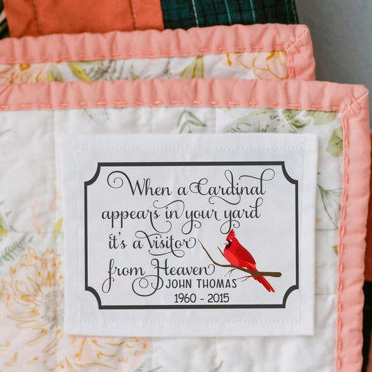 When a cardinal appears in your yard, it's a visitor from Heaven. Custom memory quilt labels - Jammin Threads