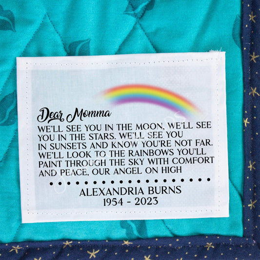 Memory quilt labels with a watercolor rainbow. Add a name and years of life to these labels - Jammin Threads