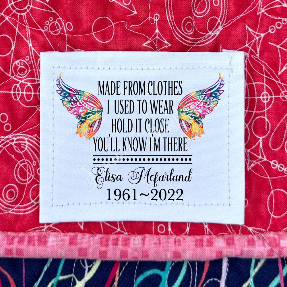 Memory Quilt Label – Personalized Name & Dates with Wings (4” x 3”) - Jammin Threads