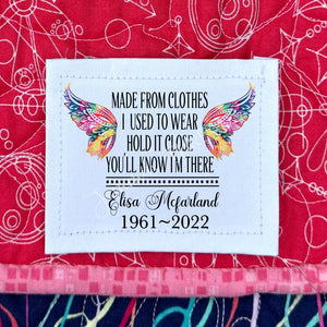 Memory quilt labels with multi-colored wings. Add the name and years of life to these labels - Jammin Threads
