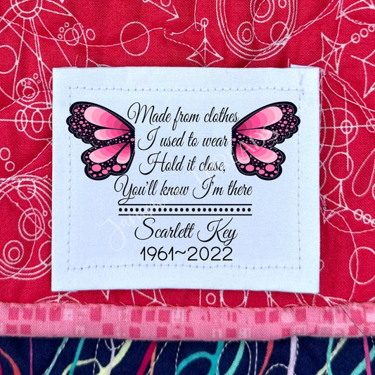 Memory quilt labels with pink butterfly wings. Add the name and years of life to these labels - Jammin Threads