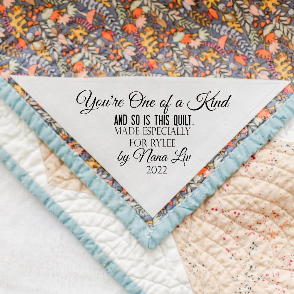 Personalized Corner Quilt Label – “You’re One of a Kind and So Is This Quilt” – Custom Triangle Quilt Label with Recipient Name, Maker Name & Year - Jammin Threads