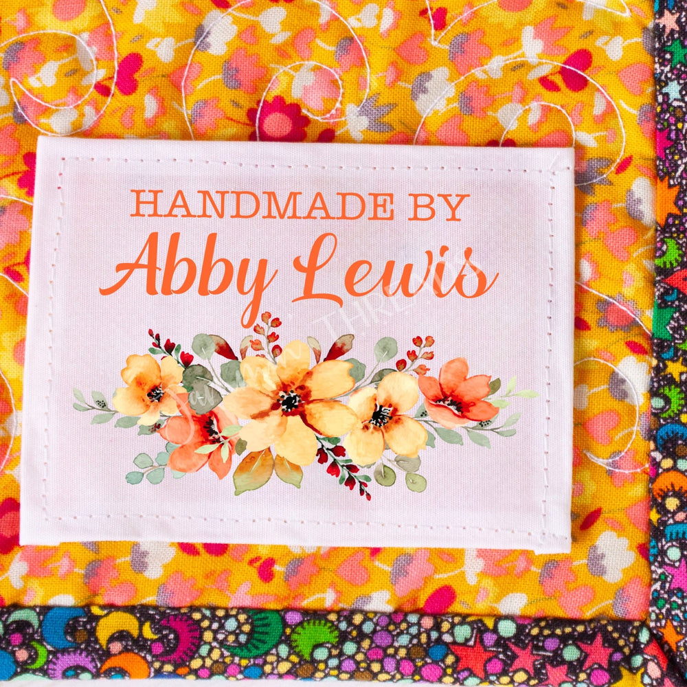 Personalized Orange & Yellow Floral Quilt Label | Custom Handmade By Fabric Label - Jammin Threads