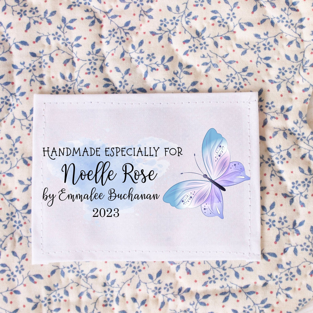 Personalized Butterfly Quilt Label – Watercolor Butterfly Design | Custom Name, Maker & Date | 3” x 1.5” Quilt Tag - Jammin Threads