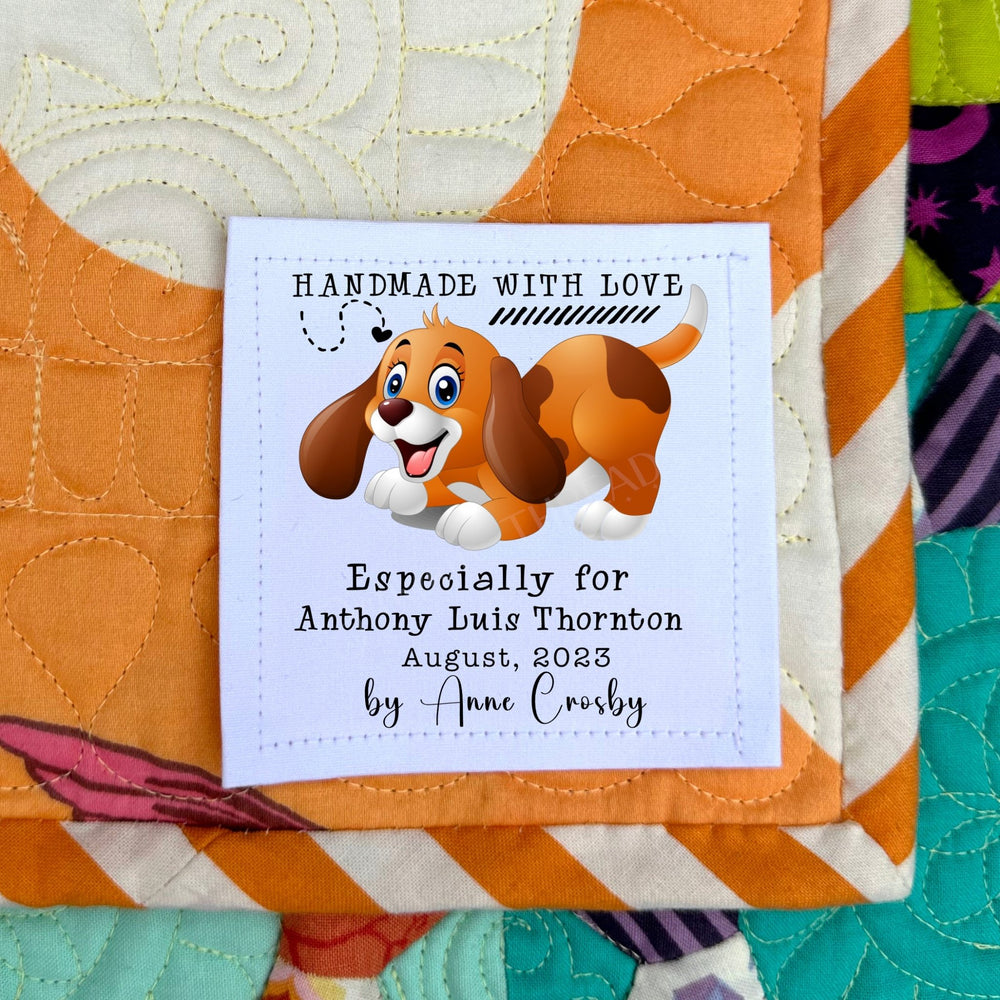 Personalized Kids Quilt Label with Cute Puppy – Custom Handmade Quilt Tag - Jammin Threads