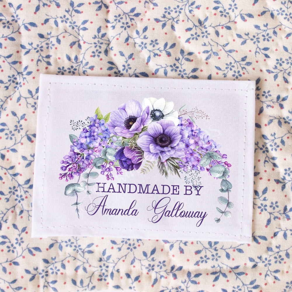 Personalized Purple Floral Quilt Label – Custom Handmade By Quilt Label with Name – 2 x 2.5" - Jammin Threads