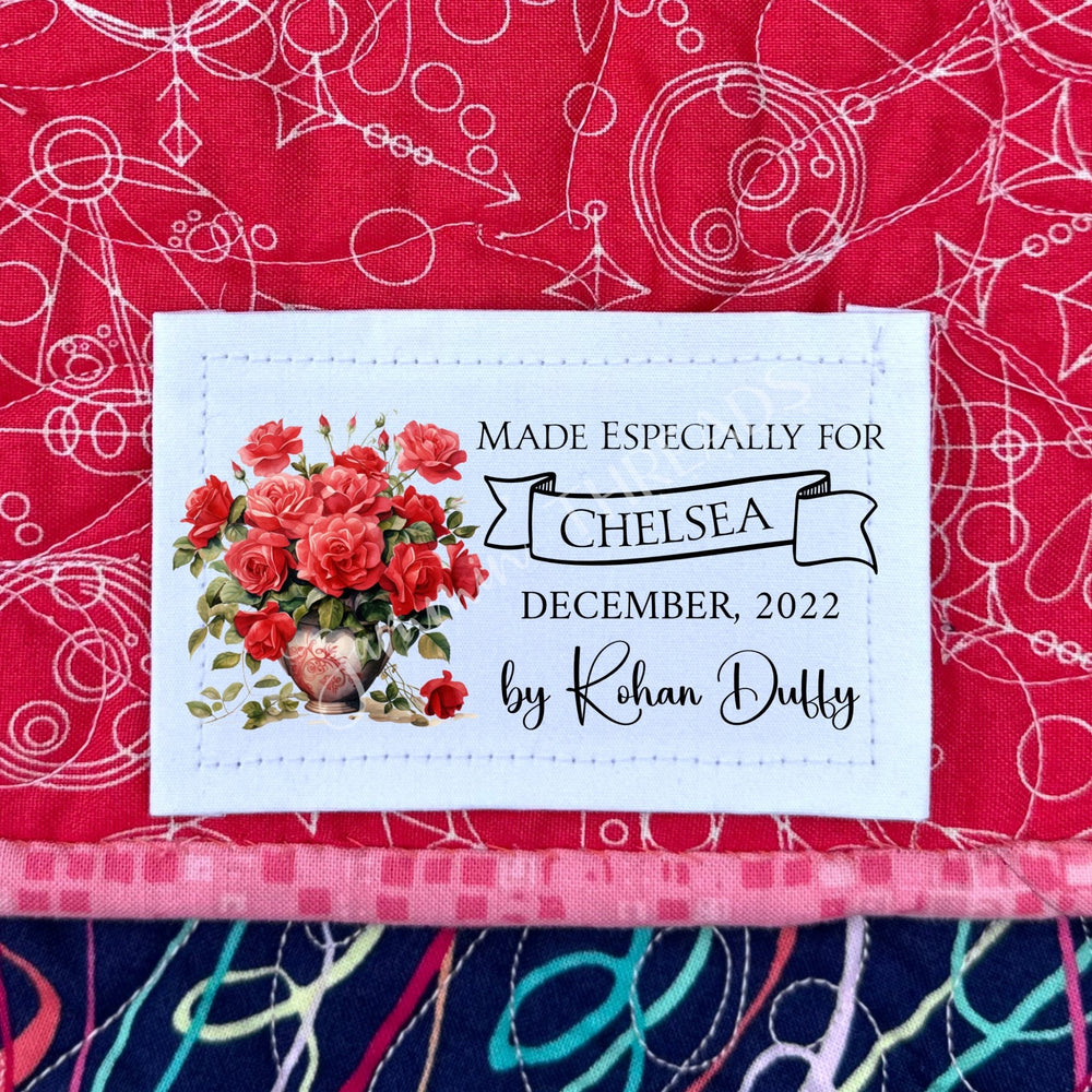 Personalized Red Rose Quilt Label – Custom Name, Date & Maker | Floral Quilt Label Tag | Cotton or Polyester 4” x 1.75” - Jammin Threads