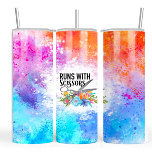 colorful runs with scissors skinny tumbler 20 oz full wrap design for quilters and sewists with stainless straw