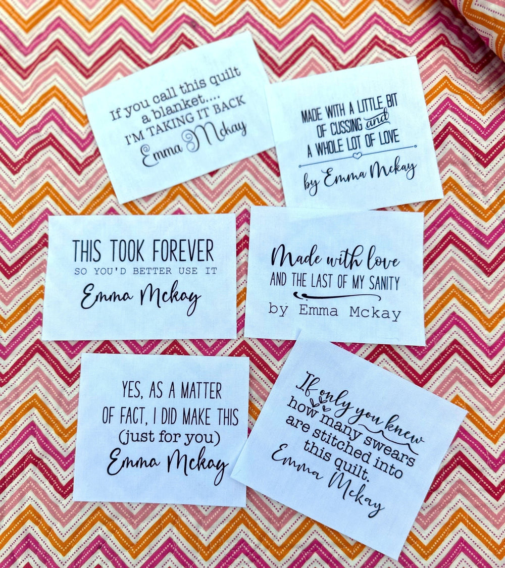 Sarcastic Quilt Label Assortment. Sheet of 8 Personalized quilt label assortment printed on cotton - Jammin Threads