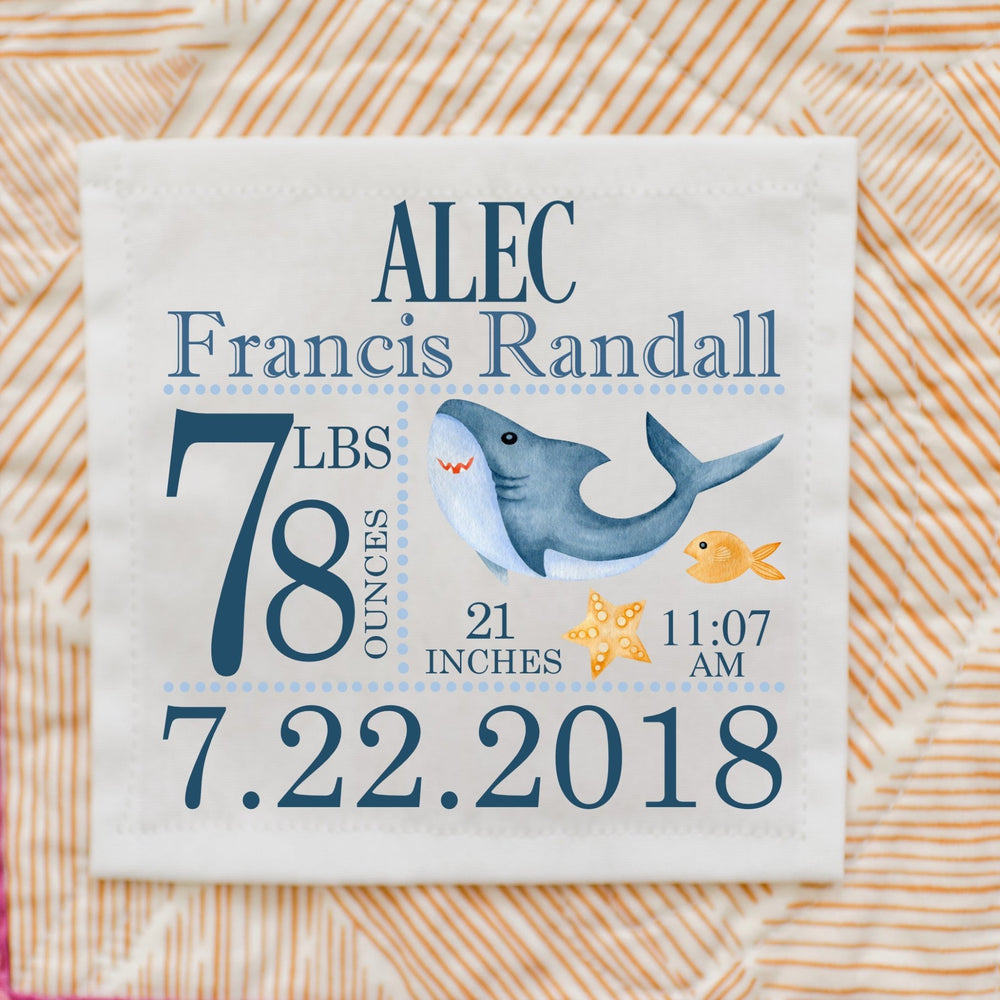 Personalized Shark Baby Quilt Label – Birth Announcement Quilt Label - Jammin Threads