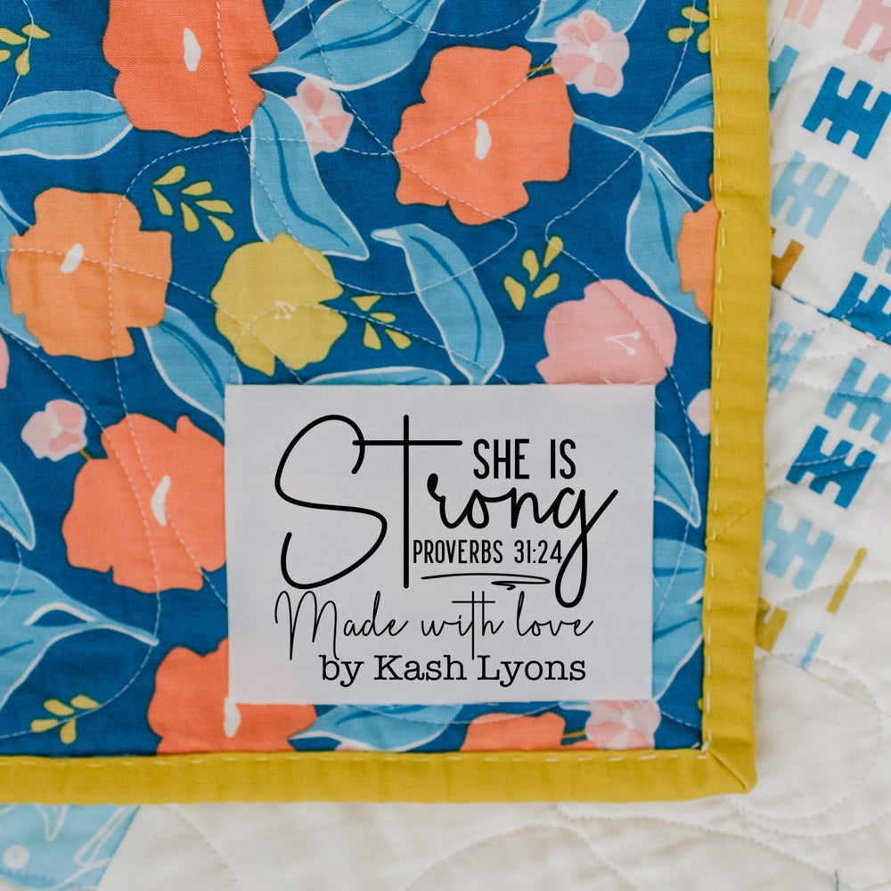Personalized She Is Strong Quilt Label – Proverbs 31:25 - 2.75 x 2.25" - Jammin Threads