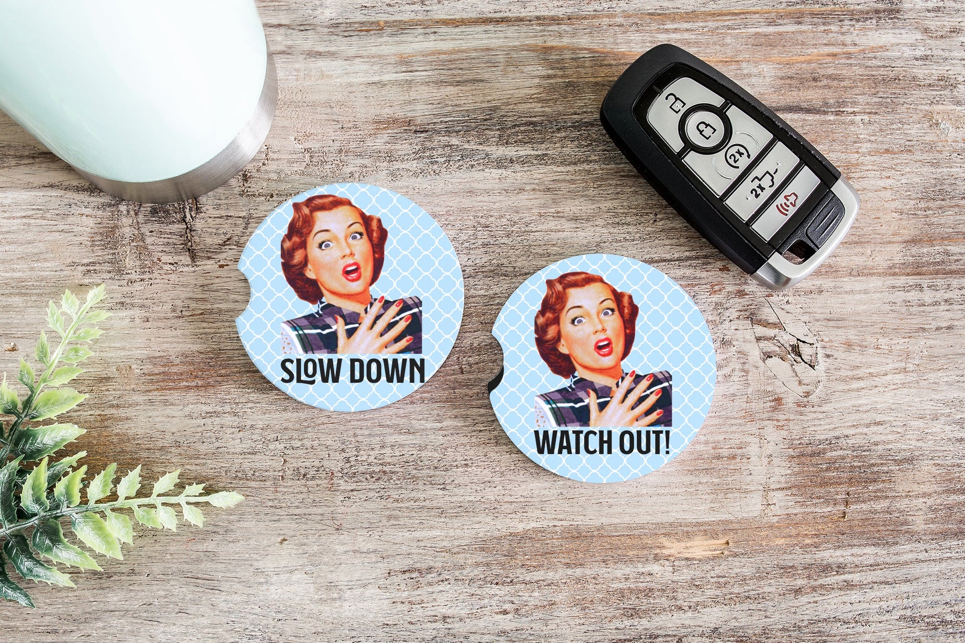 Slow Down! Watch out! - Funny retro housewife car coasters to remind your loved ones to slow down! - Jammin Threads