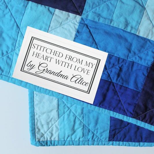 Stitched from My Heart with Love. Personalized quilt labels - Jammin Threads