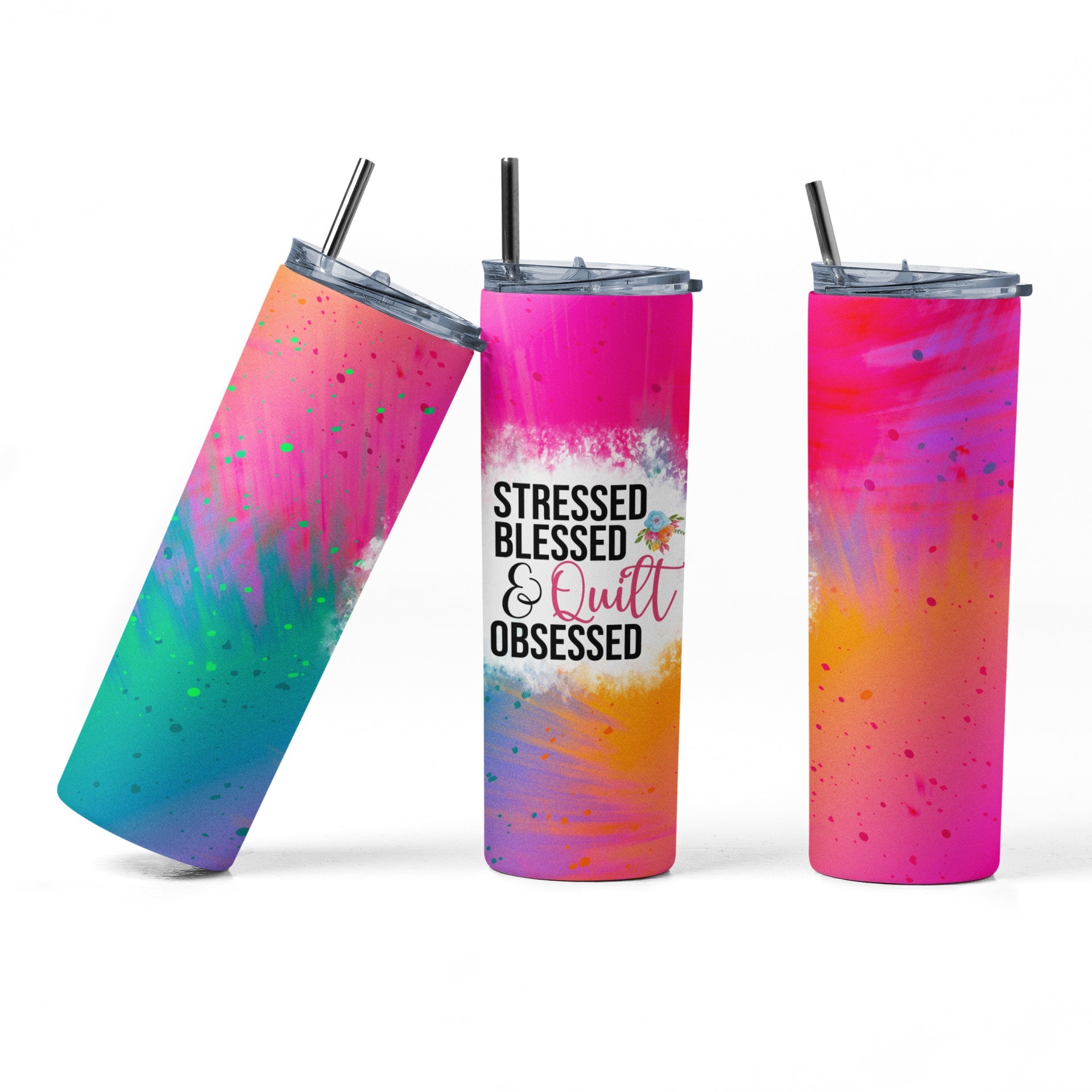 Stressed, Blessed and Quilt Obsessed - 20 oz. Skinny Tumbler for quilters. - Jammin Threads