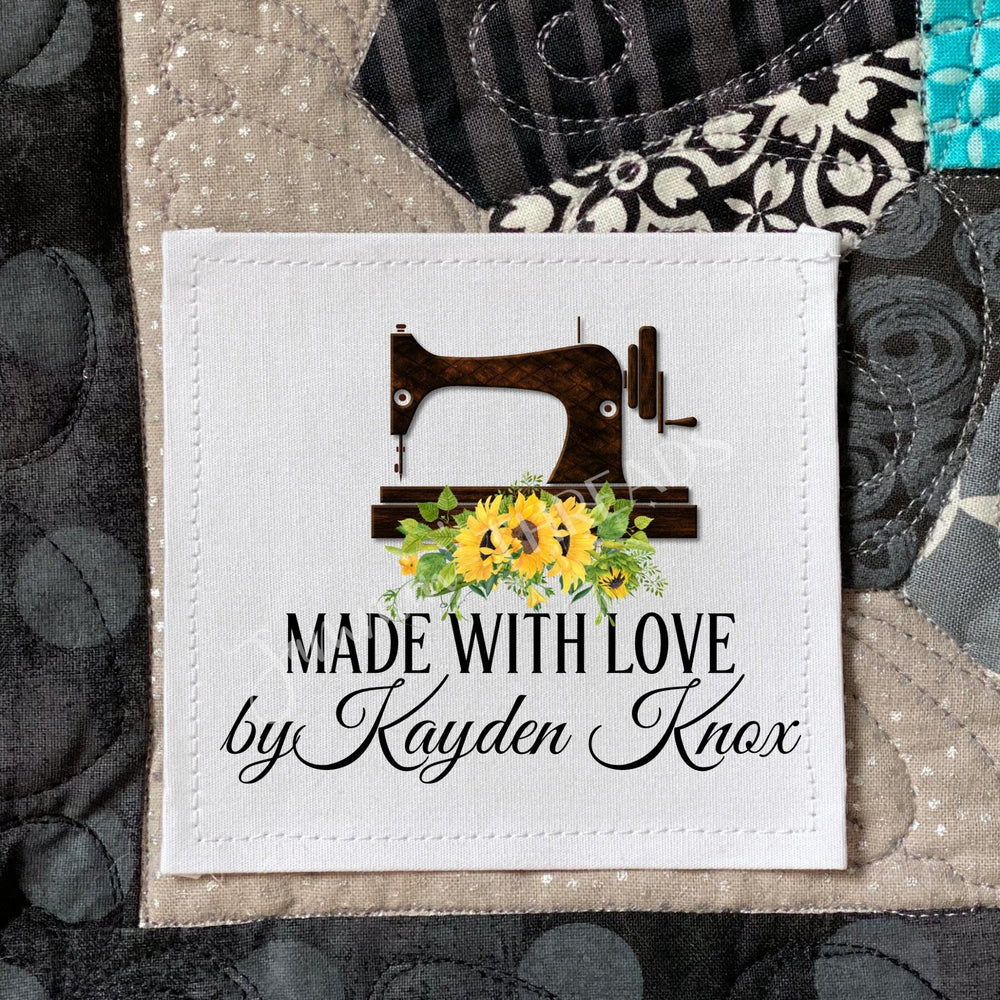 Personalized Sewing Machine Sunflower Quilt Label | Custom Handmade By Fabric Label - Jammin Threads