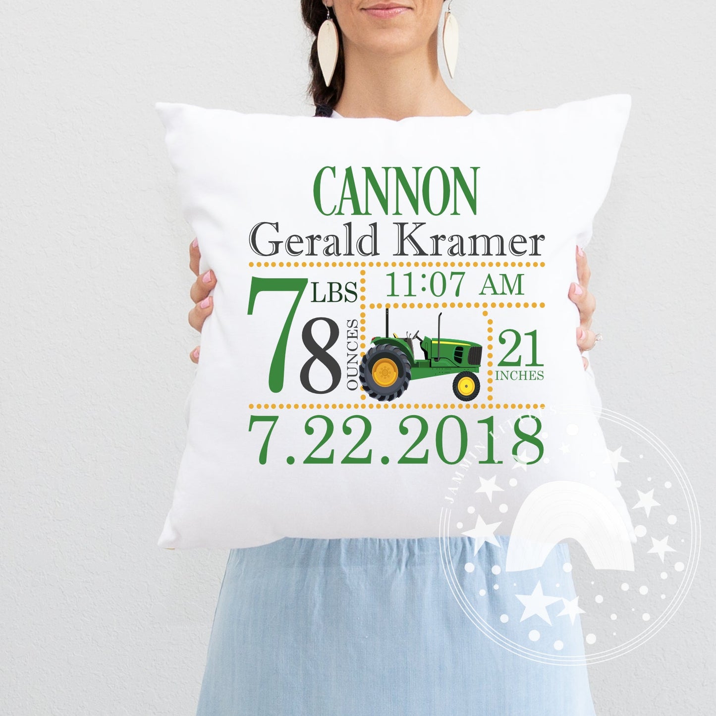 Tractor Birth Announcement Pillow - Jammin Threads