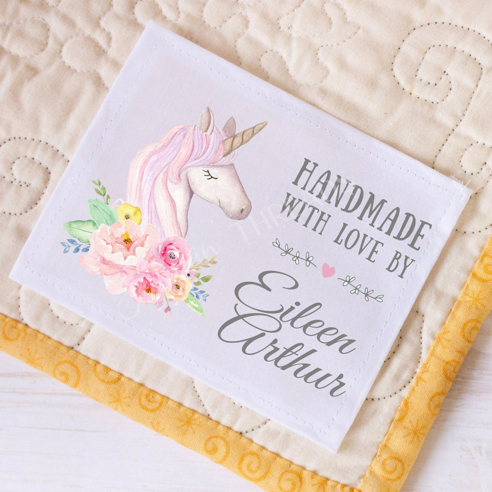 Personalized Unicorn Quilt Label – Handmade with Love Quilt Label, Custom Quilt Tag, Cute Baby Quilt Label (6 per Sheet) - Jammin Threads
