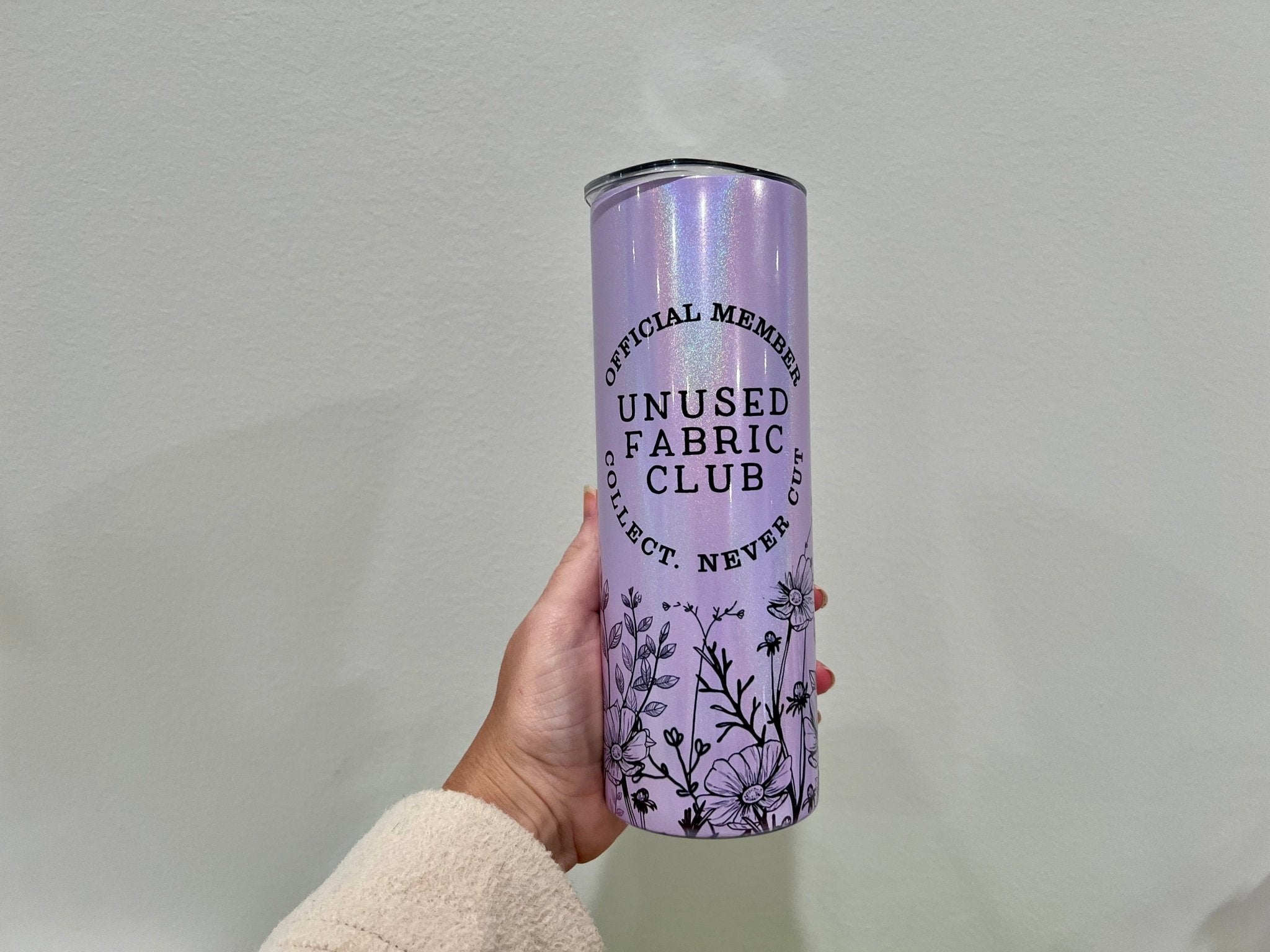 Unused Fabric Club. Shimmery Purple 20 oz skinny tumbler for fabric obsessed sewists and quilters - Jammin Threads