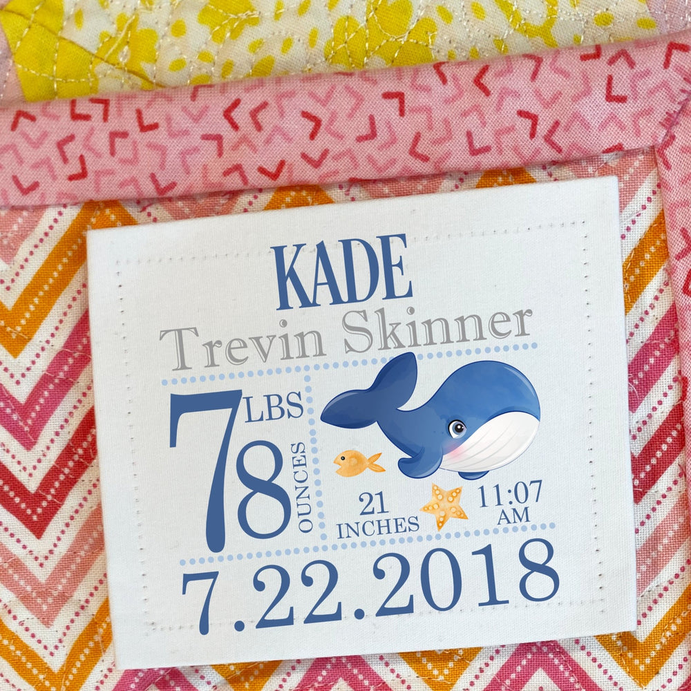 Personalized Baby Birth Stats Quilt Label – Whale Birth Announcement Quilt Tag - Jammin Threads